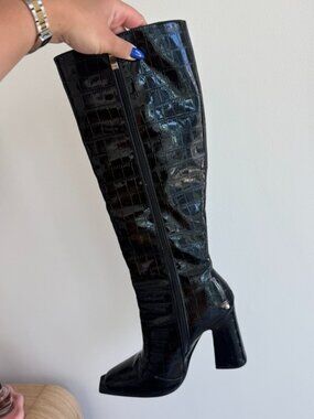 Princess Polly MERCURY Crocodile Heeled BOOTS Black Size 7 Square Toe